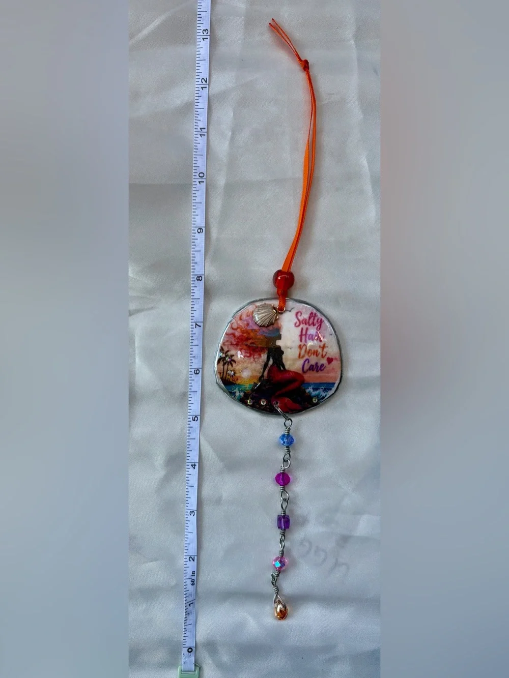 Decoupage Mermaid 'Salty Hair Don't Care' Crystal Sand Dollar Suncatcher